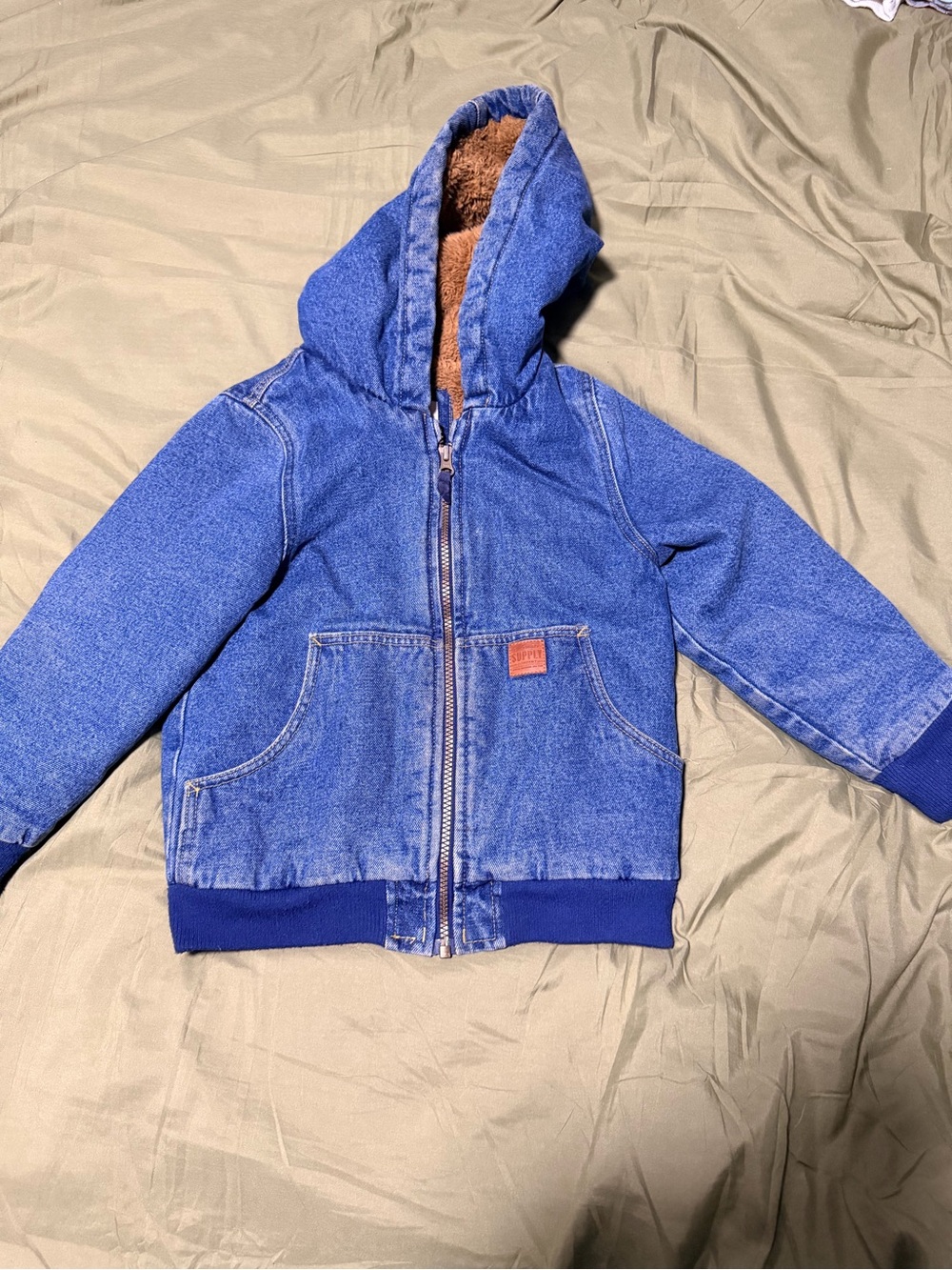 London Fog Blue Denim-Look Hooded Jacket with Brown Fleece Lining